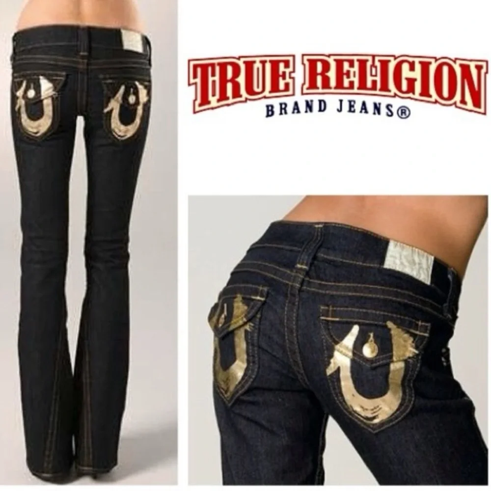 True Religion Joey Gold Foil Pocket Twisted Hem Slim Flare Jeans – Dark Wash - Picture 2 of 13